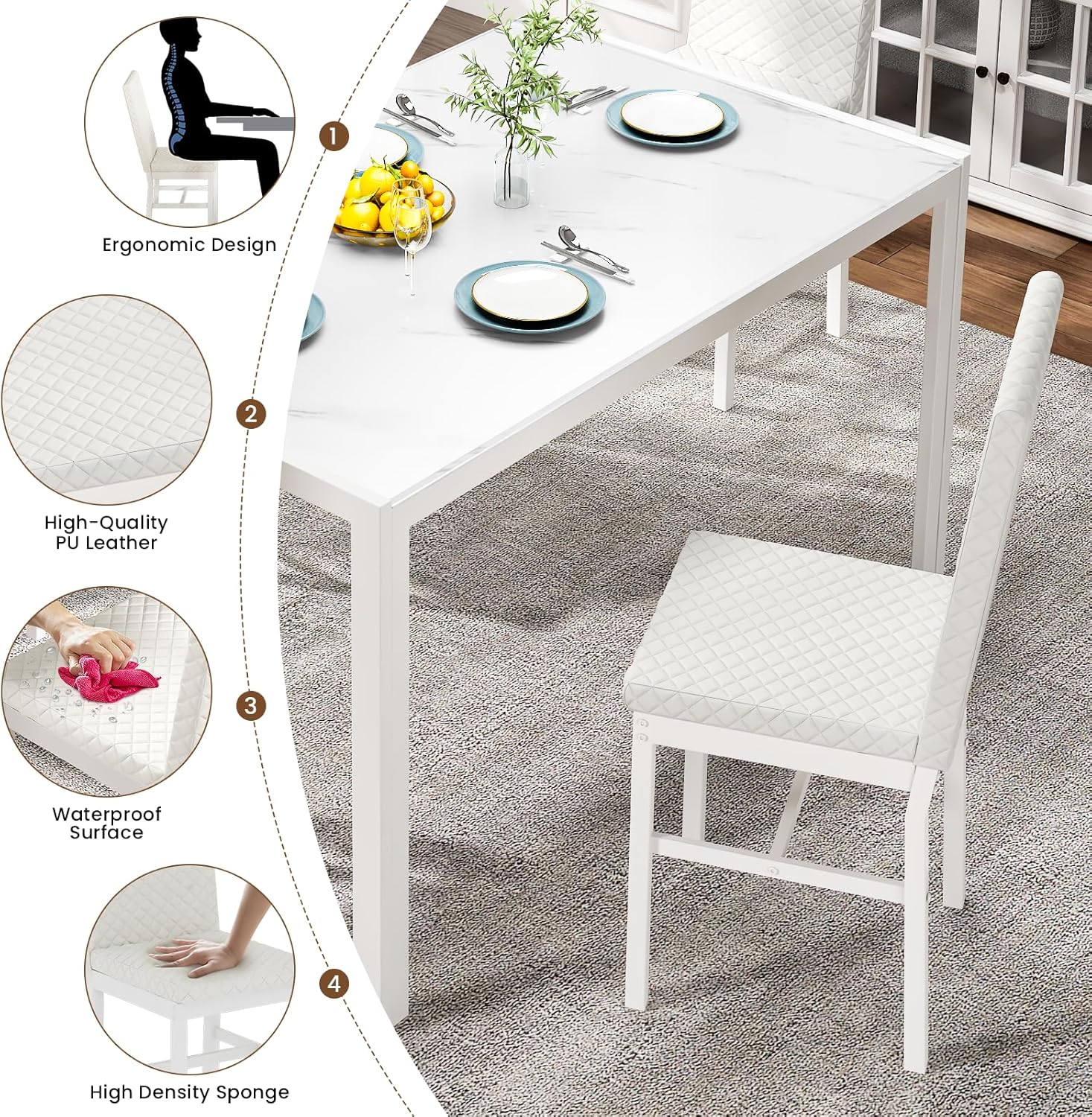 LinkRomat Dining Table Set for 4, Glass Table & PU Leather Chairs, Kitchen Tabletop and Chairs Set for Small Space, Apartment, Home Furniture, White