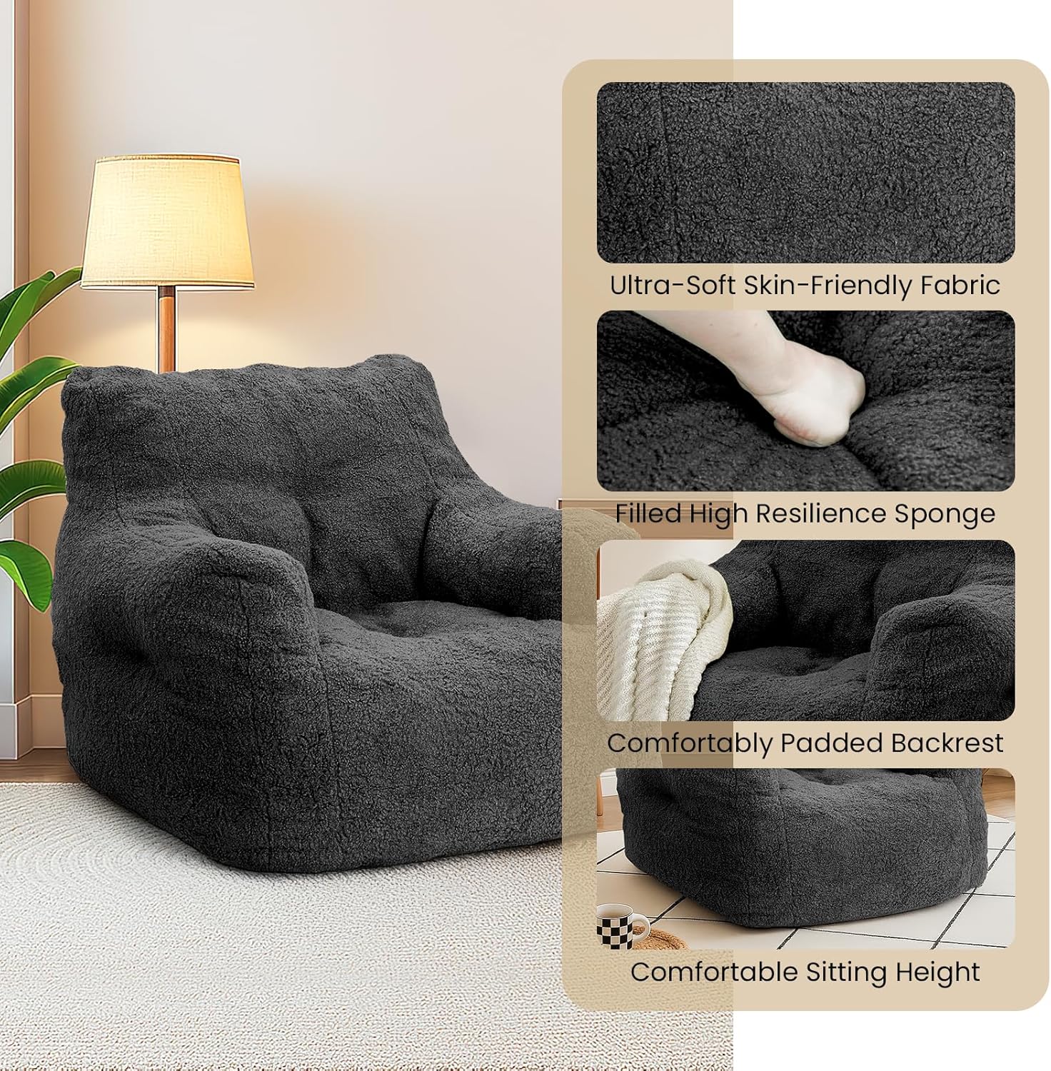 LinkRomat Bean Bag Chair, Bean Bag Sofa with Tufted Soft Stuffed Filling, Fluffy and Lazy Sofa with Premium Memory Foam Filler for Living Room, Bedroom, Dorm