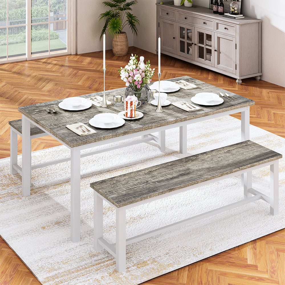 LinkRomat 3 Piece Dining Room Table Set for 4, 47" Farmhouse Dining Table with Benches, Rectangular Kitchen Sets for Small Space, Apartment, Restaurant, Grey & Black