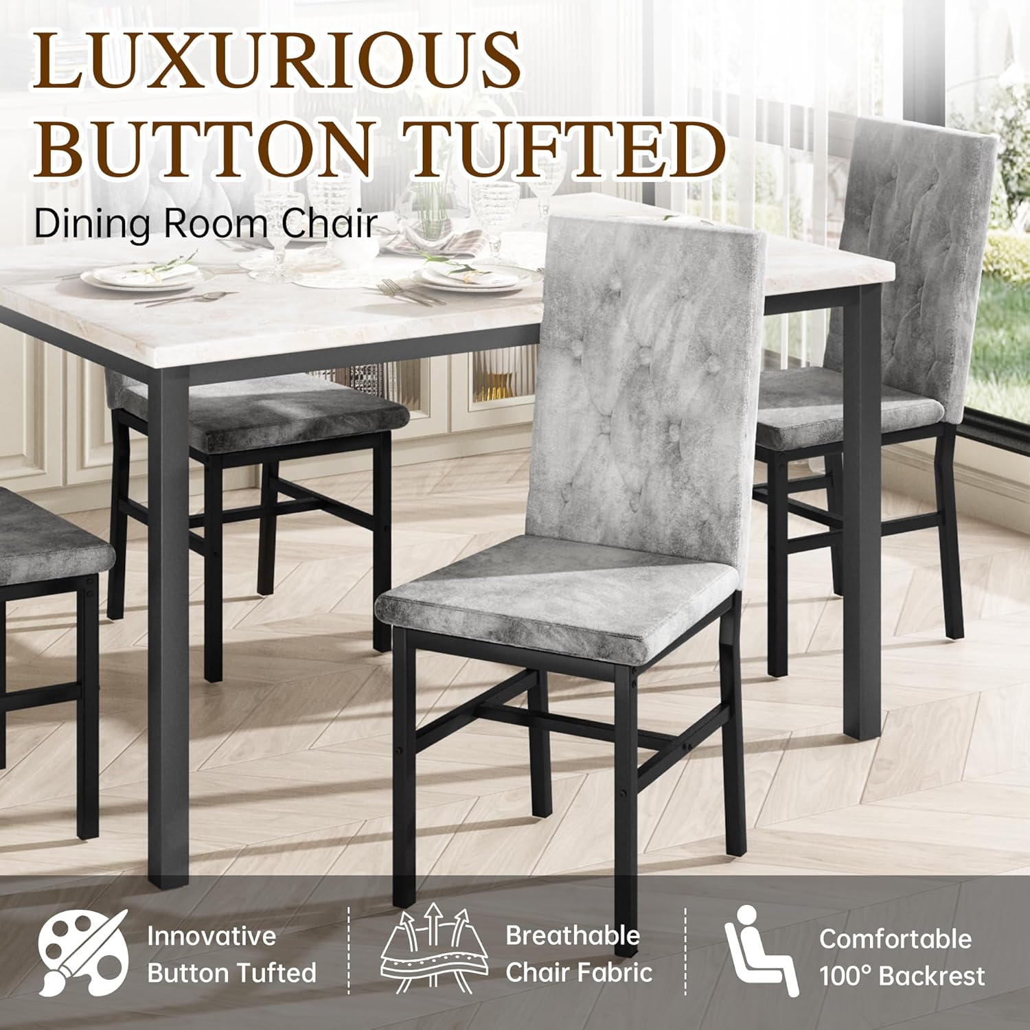 LinkRomat Dining Table Set for 4, Faux Marble Kitchen Table and Chairs, 5 Piece Small Dining Room Set with Button Tufted Upholstered Chairs