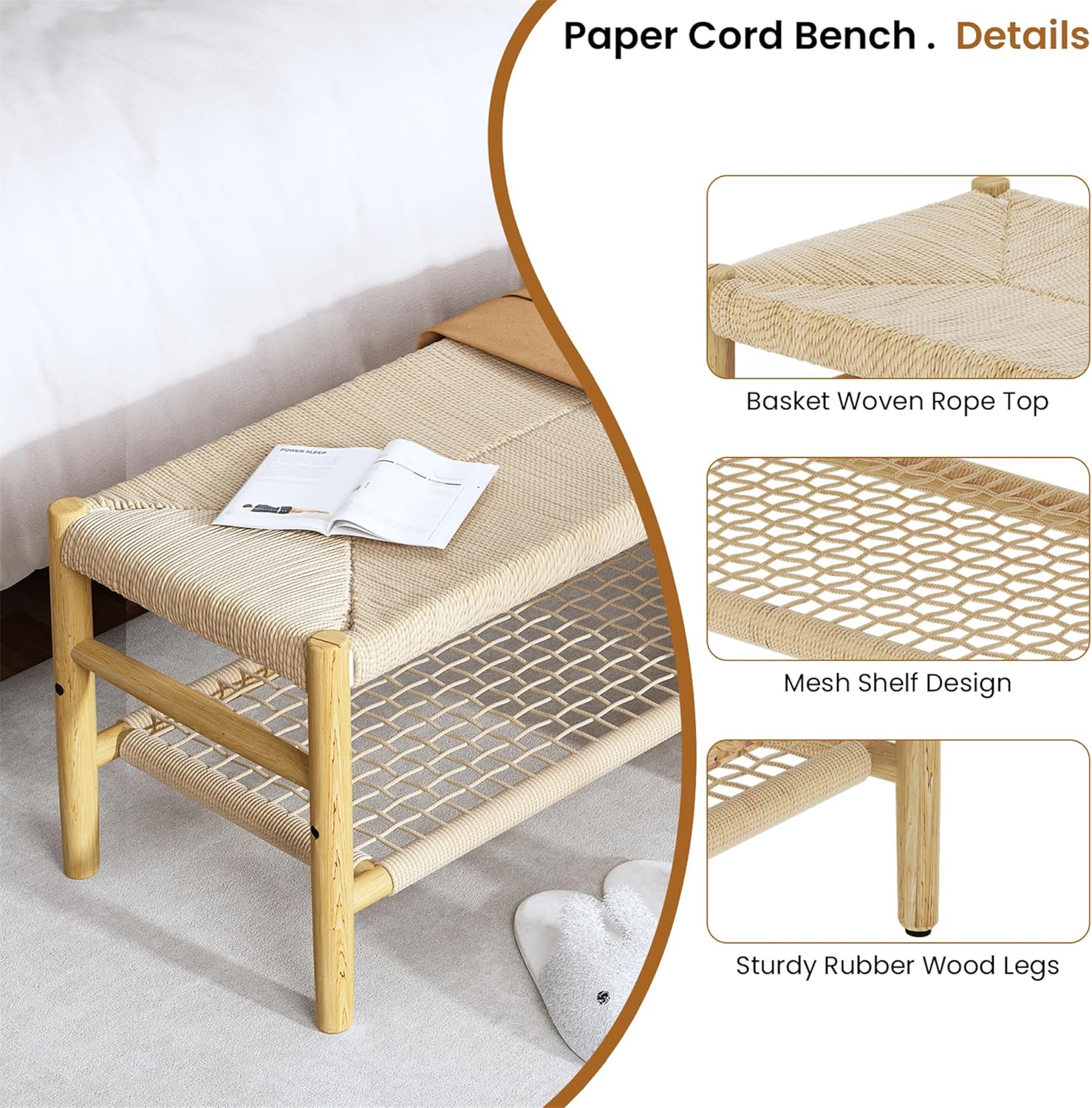 LinkRomat Wicker Bench Indoor Entryway Bench with Paper Cord Ottoman & Grid Storage Rack, Mid-Century Long Chair with Wood Legs for Room Channel