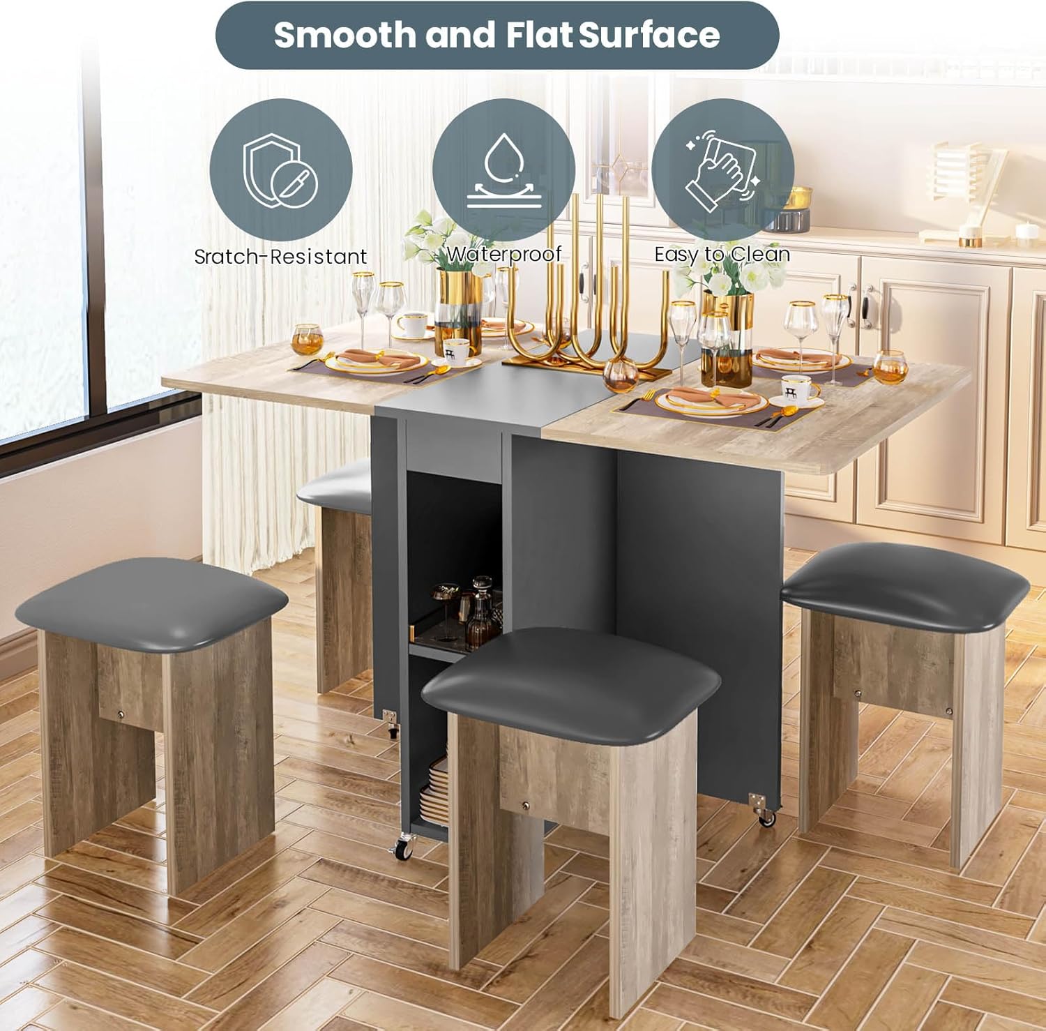 LinkRomat Folding Dining Table Set for 4, Kitchen Table with Shelves & 4 Leather Chairs, Space Saving Foldable Dining Table with 6 Wheel (Grey)