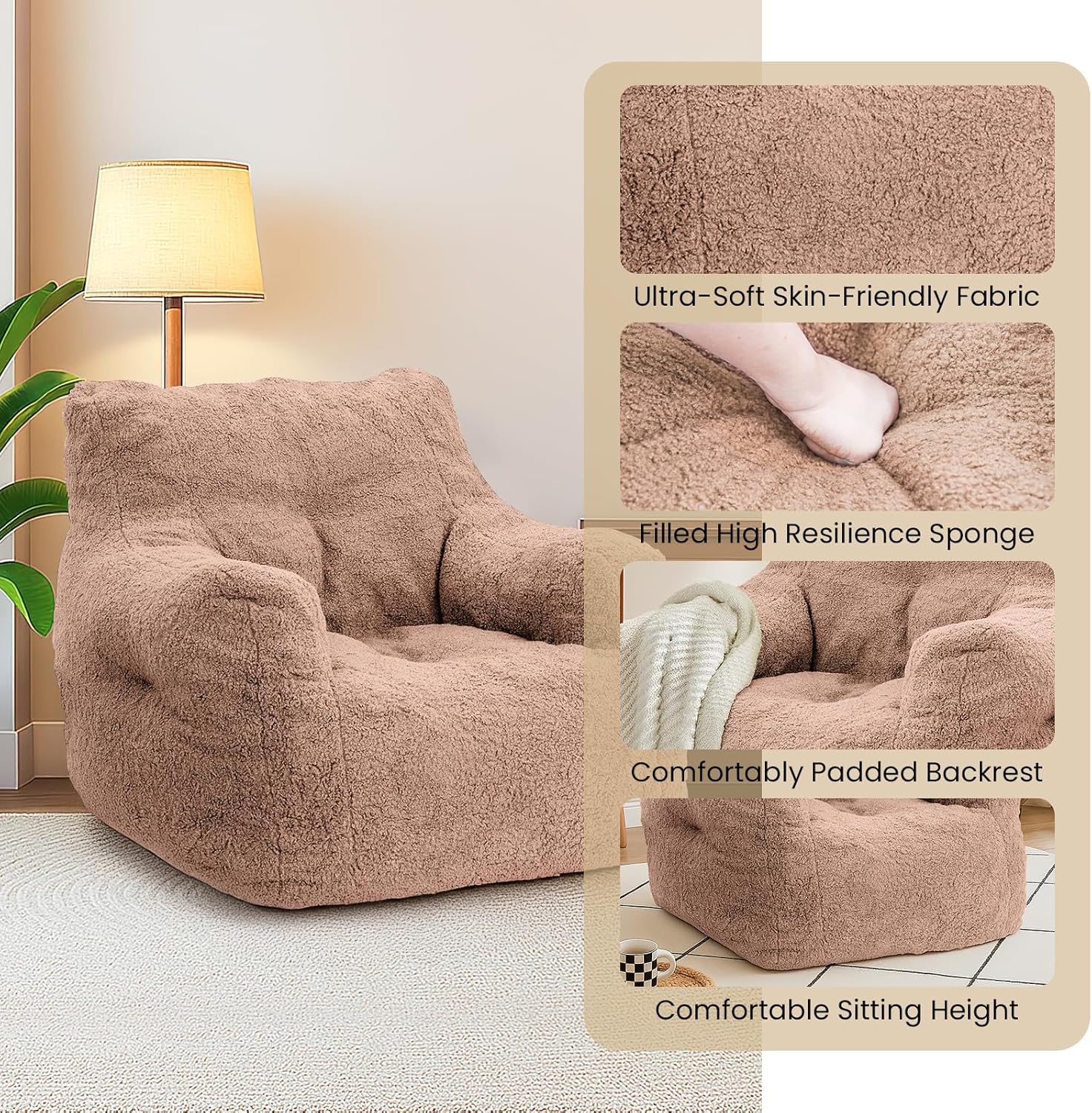 LinkRomat Bean Bag Chair, Bean Bag Sofa with Tufted Soft Stuffed Filling, Fluffy and Lazy Sofa with Premium Memory Foam Filler for Living Room, Bedroom, Dorm