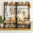 LinkRomat Hall Tree, Entryway Coat Rack with Drawer, Industrial 5 in 1 Entryway Bench with Storage Shoe Rack and 12 Hooks, Freestanding Home Organizer with Shelf & Grid Panel, Anti-Dumping