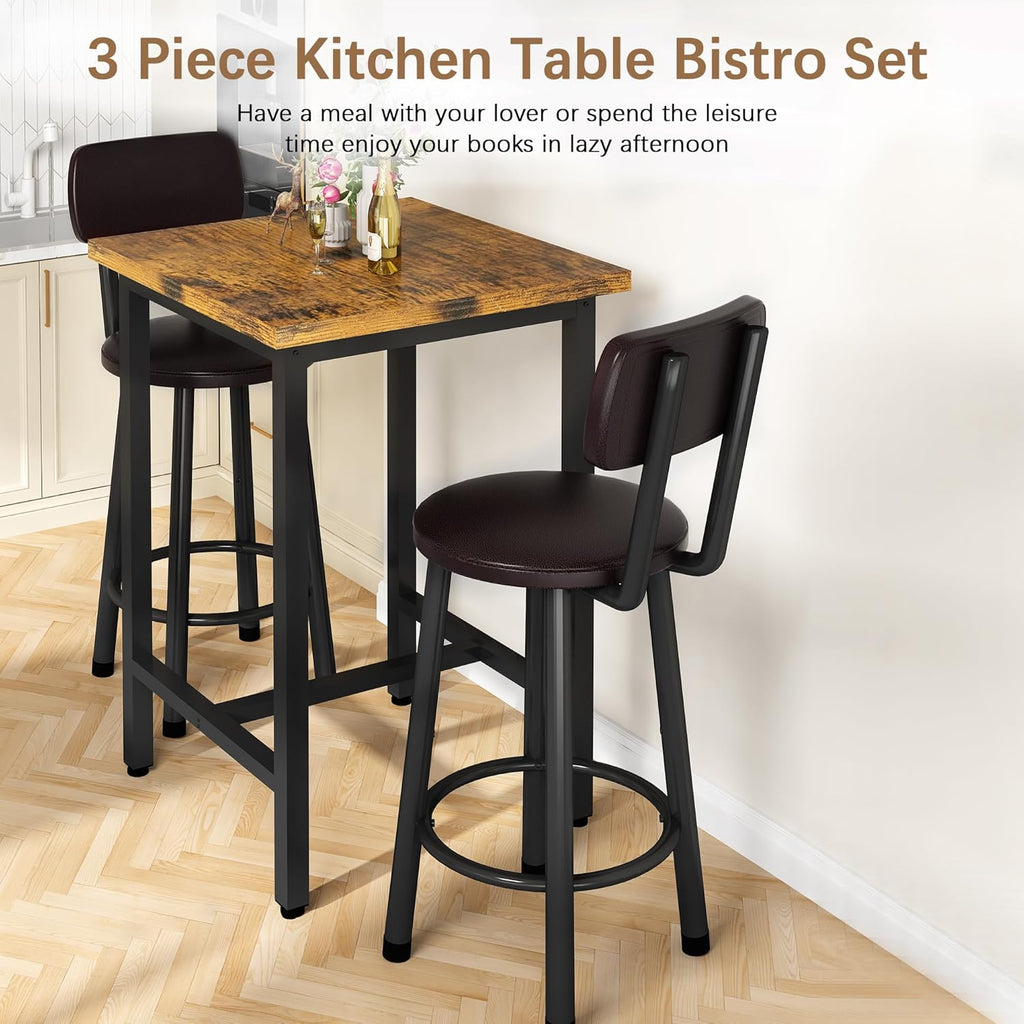 3 Piece Pub Dining Set, 24" Dining Table Set with 2 PU Leather Upholstered Stools, Square Small Space Kitchen Table Pub Set for Apartment Dining Room, Living Room