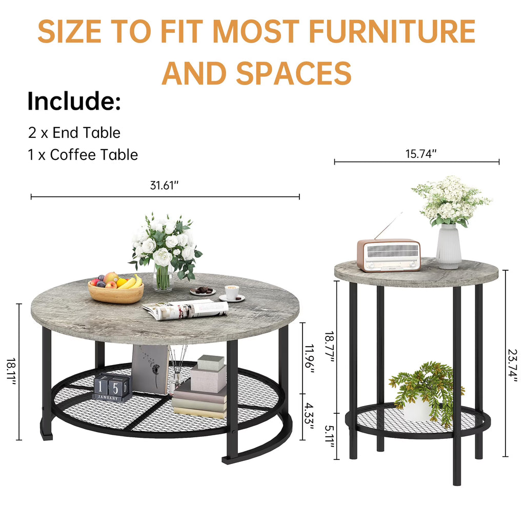 MOOSENG Coffee Table Set of 3, Industrial Vintage Wood Coffee Table with 2 Square End Side Tables, Easy Assembly Living Room Table Set for Offices, Living Rooms and Apartments