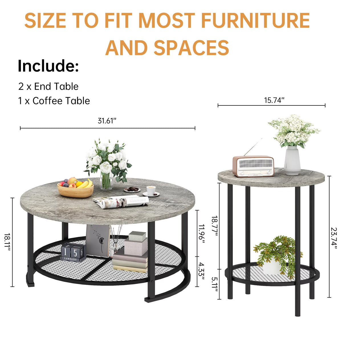 MOOSENG Coffee Table Set of 3, Industrial Vintage Wood Coffee Table with 2 Square End Side Tables, Easy Assembly Living Room Table Set for Offices, Living Rooms and Apartments