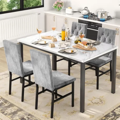 LinkRomat Dining Table Set for 4, Faux Marble Kitchen Table and Chairs, 5 Piece Small Dining Room Set with Button Tufted Upholstered Chairs, White