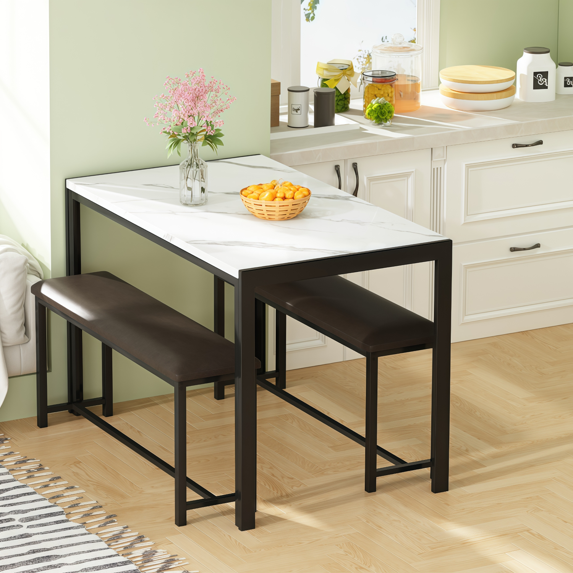 Cvortll Dining Faux Marble 30.7"H Table and 2 PU Leather Upholstered Bench for 4, White Dining Table with Bench for Home