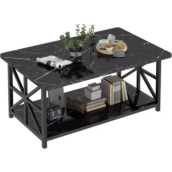 Cvortll Coffee Table Round Corners, 2 Tier Living Room Table with Storage Shelf, Rectangular Tabletop Center Desk for Small Spaces, Black