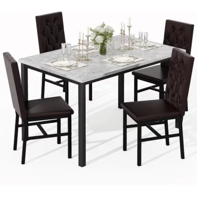 LinkRomat Dining Table Set for 4, Faux Marble Dining Room Table, Kitchen Table Set with 4 PU Leather Upholstered Chairs for Kitchen, Dining (Brown)