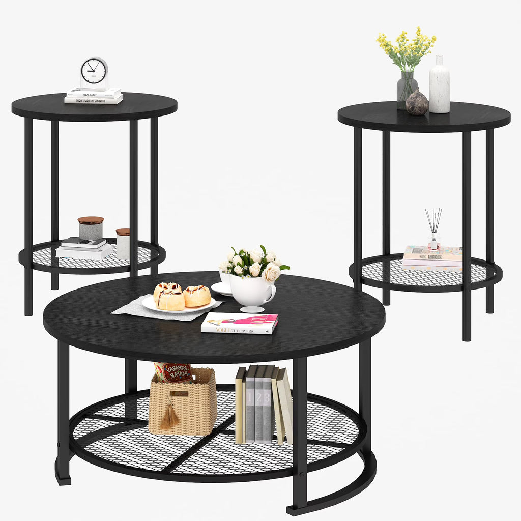 MOOSENG Coffee Table Set of 3, Industrial Vintage Wood Coffee Table with 2 Square End Side Tables, Easy Assembly Living Room Table Set for Offices, Living Rooms and Apartments