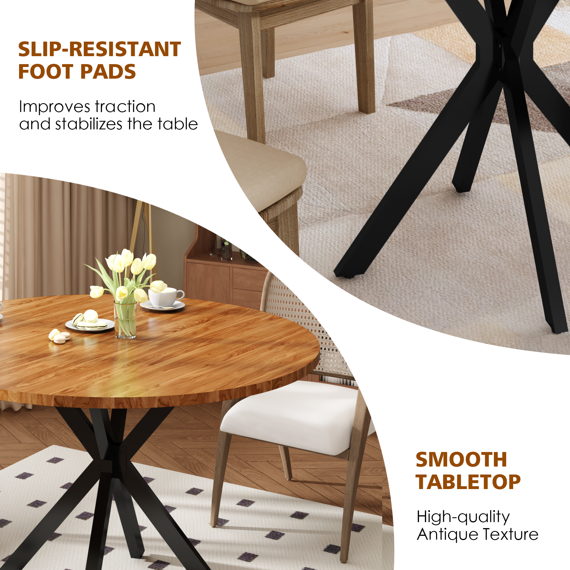 LinkRomat Mid-Century Round Kitchen Table, 39" Leisure Dining Table with 1.18" Thick Top & Black Metal Legs for 4–5 People, Walnut