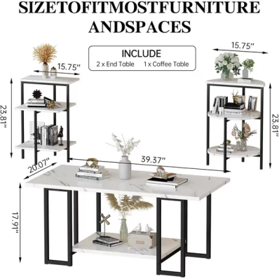 LinkRomat Coffee Table Set of 3, Faux Marble Top with Metal Frame, Includes Coffee Table & 2 Side Tables for Living Room（White & Black）