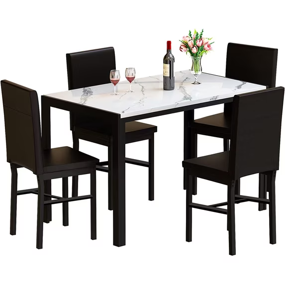 Cvortll 5‑Piece Dining Table Set, Seats 4, Faux Marble Tabletop with Faux Leather Metal Frame Chairs for Dining Room, Kitchen, Breakfast Nook