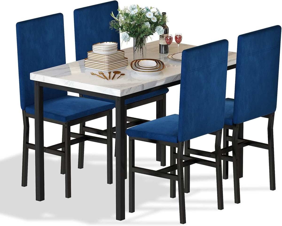 Cvortll 5 Piece Dining Table Set, Kitchen Table and Chairs Set for 4 with Faux Marble and 4 Velvet Upholstered Dining Chairs for Home, Restaurant, Black & Black