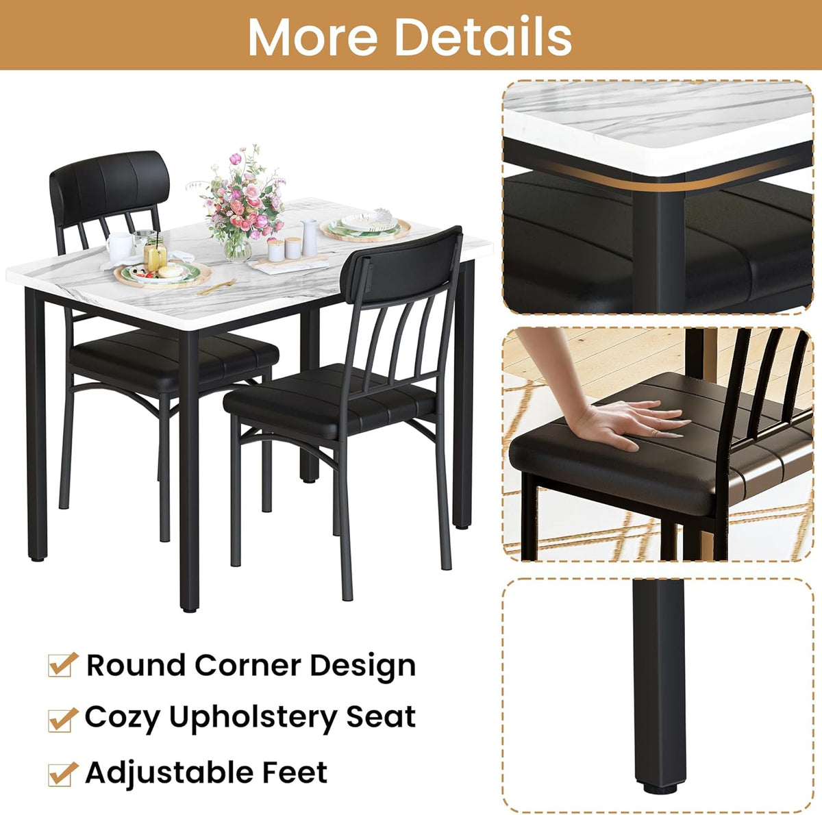 MOOSENG 3-Piece Dining Table Set for 2, Modern Style Kitchen Table and 2 Chairs, Compact Industrial Breakfast Nook Set for Small Spaces, Apartments, Living Room