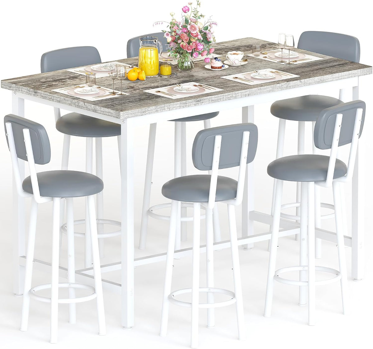 7-Piece Dining Table Set for 6, 50" Wood High-Dining Bistro Set with 6 Backrest Cushion Stools, Saving Space Pub and Chairs Sets for Bar, Kitchen, Gray
