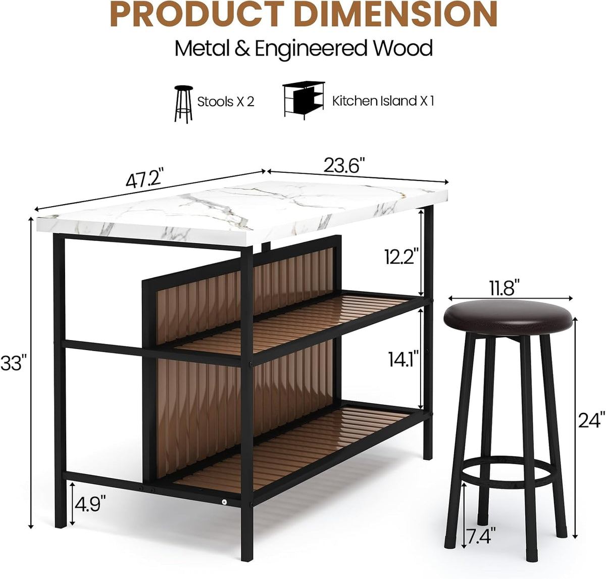 Recaceik Kitchen Island with Seating, Wooden Counter Height Table
