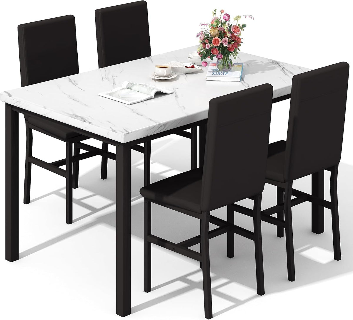 Cvortll Dining Room Table Set Modern Dining Table Set for 4 Kitchen Table and Chairs Faux Marble Dinner Table & 4 PU Leather Upholstered Chairs Dinning Table Sets for 4 Kitchen & Dining Room Sets
