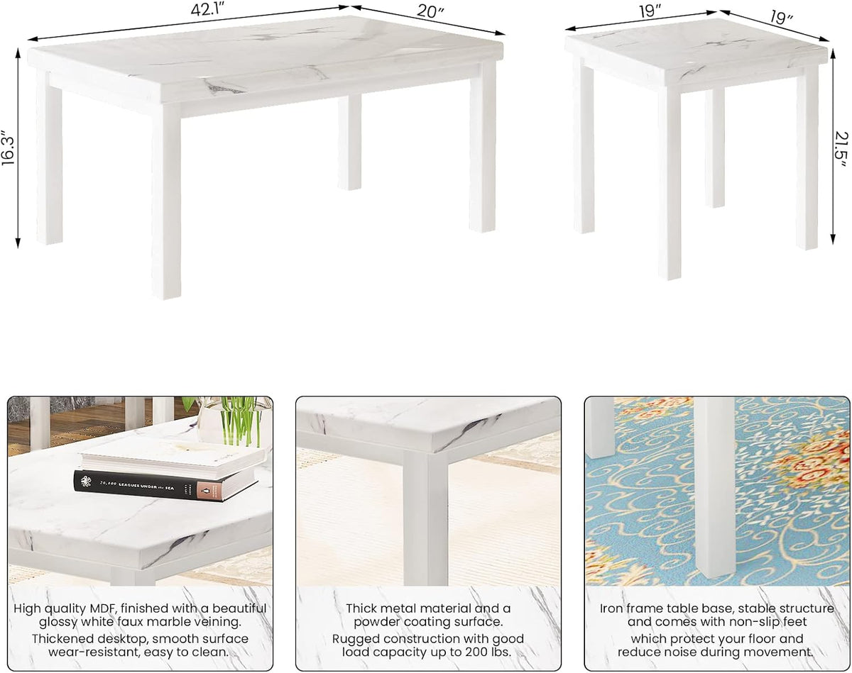 Cvortll 3-Piece Coffee Table Set, Modern Faux Marble Nesting Tables with Sturdy Metal Frame, Living Room Furniture Set Including Coffee Table and Square End Tables