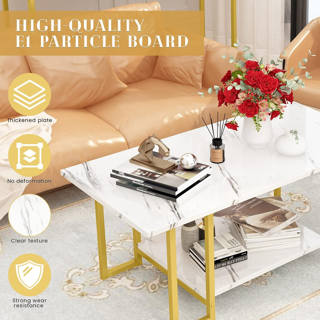 Cvortll Faux Marble Coffee Table With Metal Frame,Coffee Tables for Living Room With Storage,Durable and Dirt Resistant, Easy to Clean,White