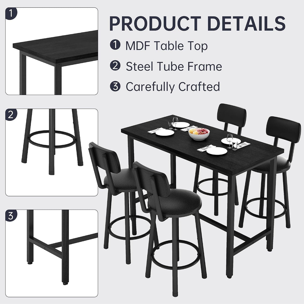 MOOSENG 4-Piece Counter Height Bar Table Dining Set with Metal Frame & 4 PU Stools, Space-Saving for Kitchen, Restaurant, Small Apartment