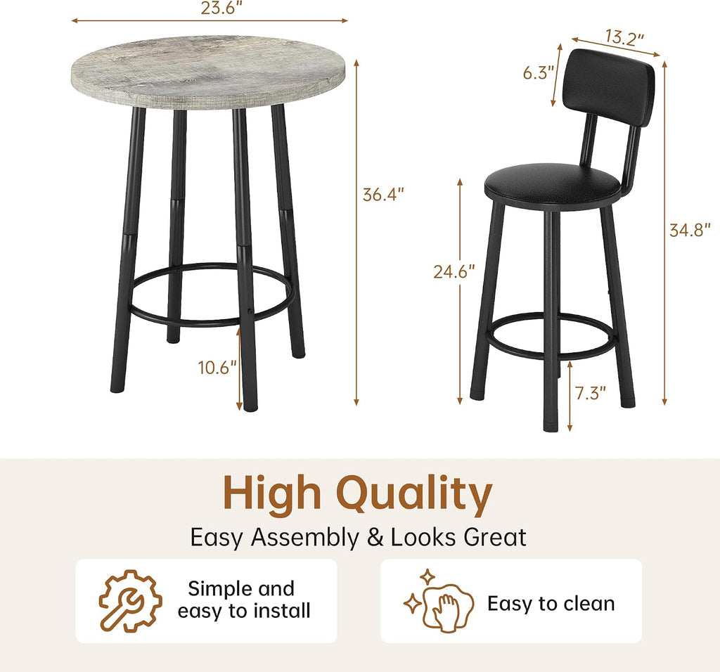 MOOSENG 3 Piece Counter Height Dining Table Set for 2, Bar Table Set of 2 Bistro Kitchen Table Sets with 2 PU Leather Bar Stools, Bar Table Set for Breakfast Nook Small Space