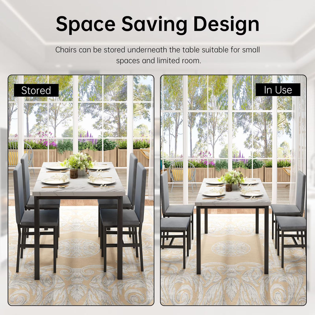 MOOSENG Small Dining Table Set for 4, 5 Pieces Dining Room Sets with Faux Marble Table & Velvet Chairs, Modern Kitchen Table Set with Chair for 4