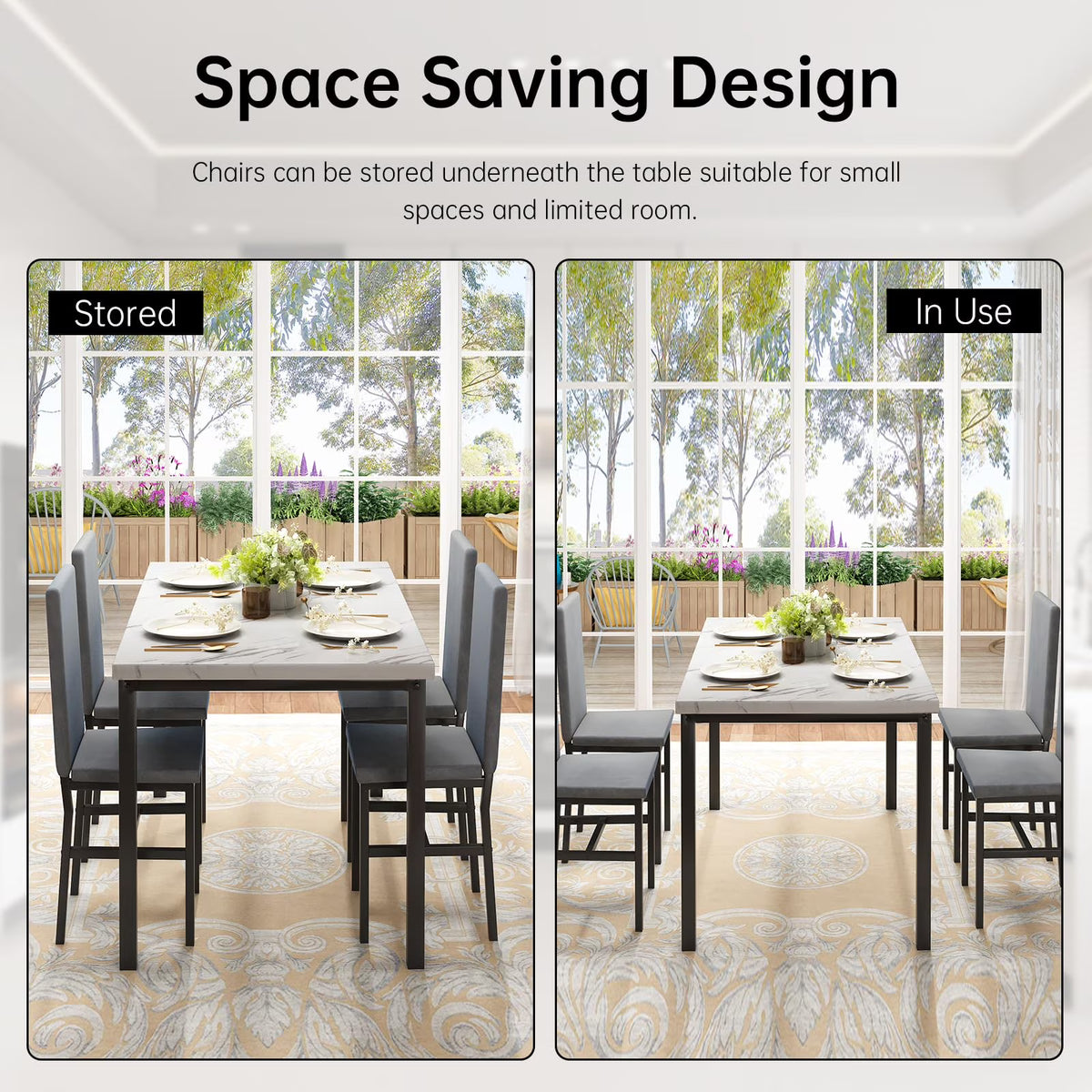 MOOSENG Small Dining Table Set for 4, 5 Pieces Dining Room Sets with Faux Marble Table & Velvet Chairs, Modern Kitchen Table Set with Chair for 4