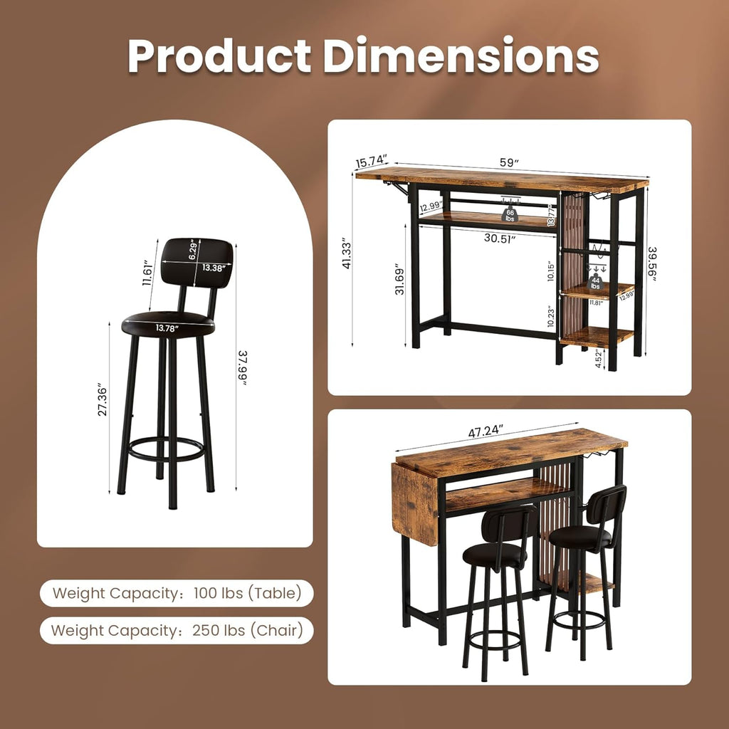 LinkRomat Bar Table Set, Modern Kitchen Dining Table with 4 Storage Shelves and 2 PU Back Stools for Kitchen and Breakfast Nook, Expandable 59 Inch