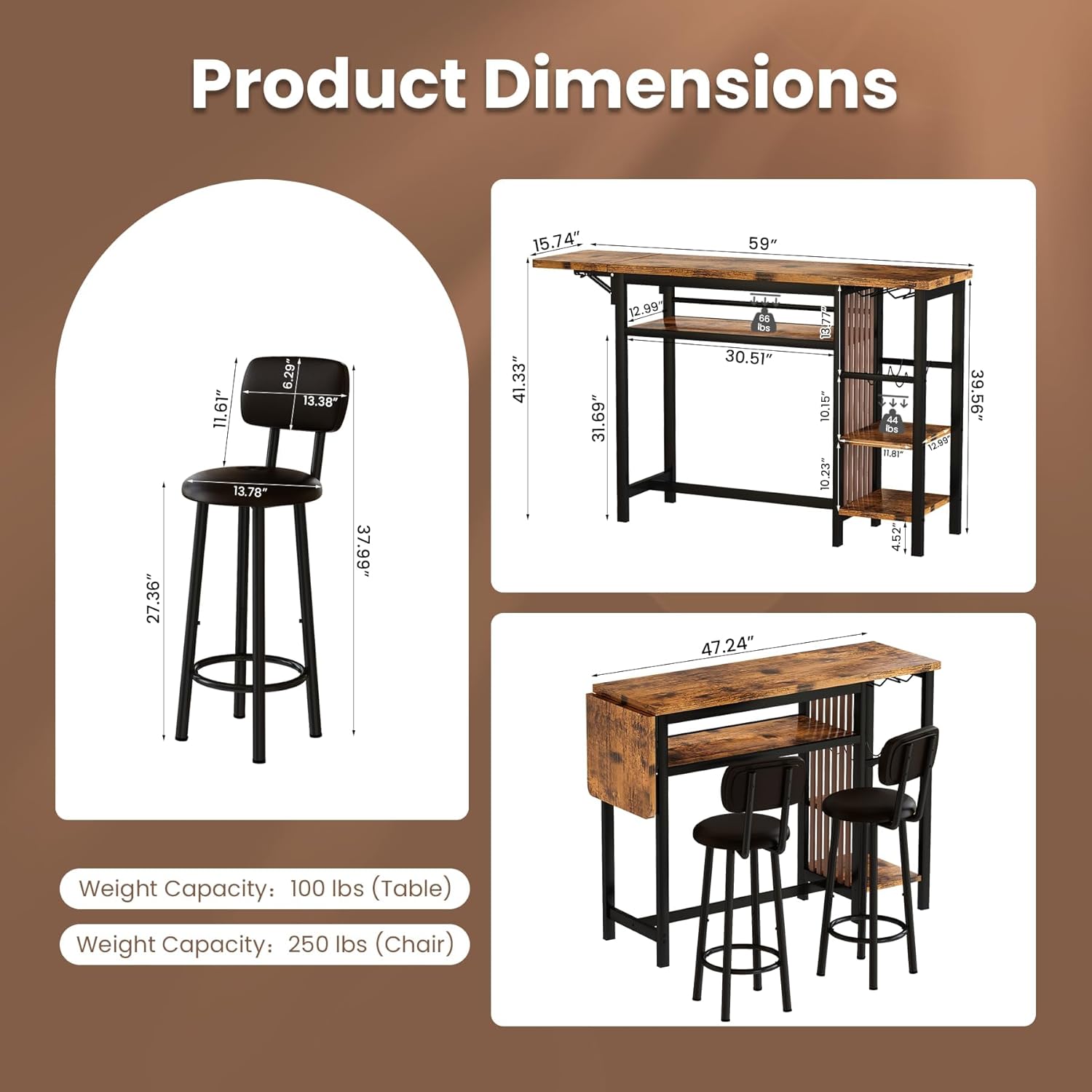 LinkRomat Bar Table Set, Modern Kitchen Dining Table with 4 Storage Shelves and 2 PU Back Stools for Kitchen and Breakfast Nook, Expandable 59 Inch