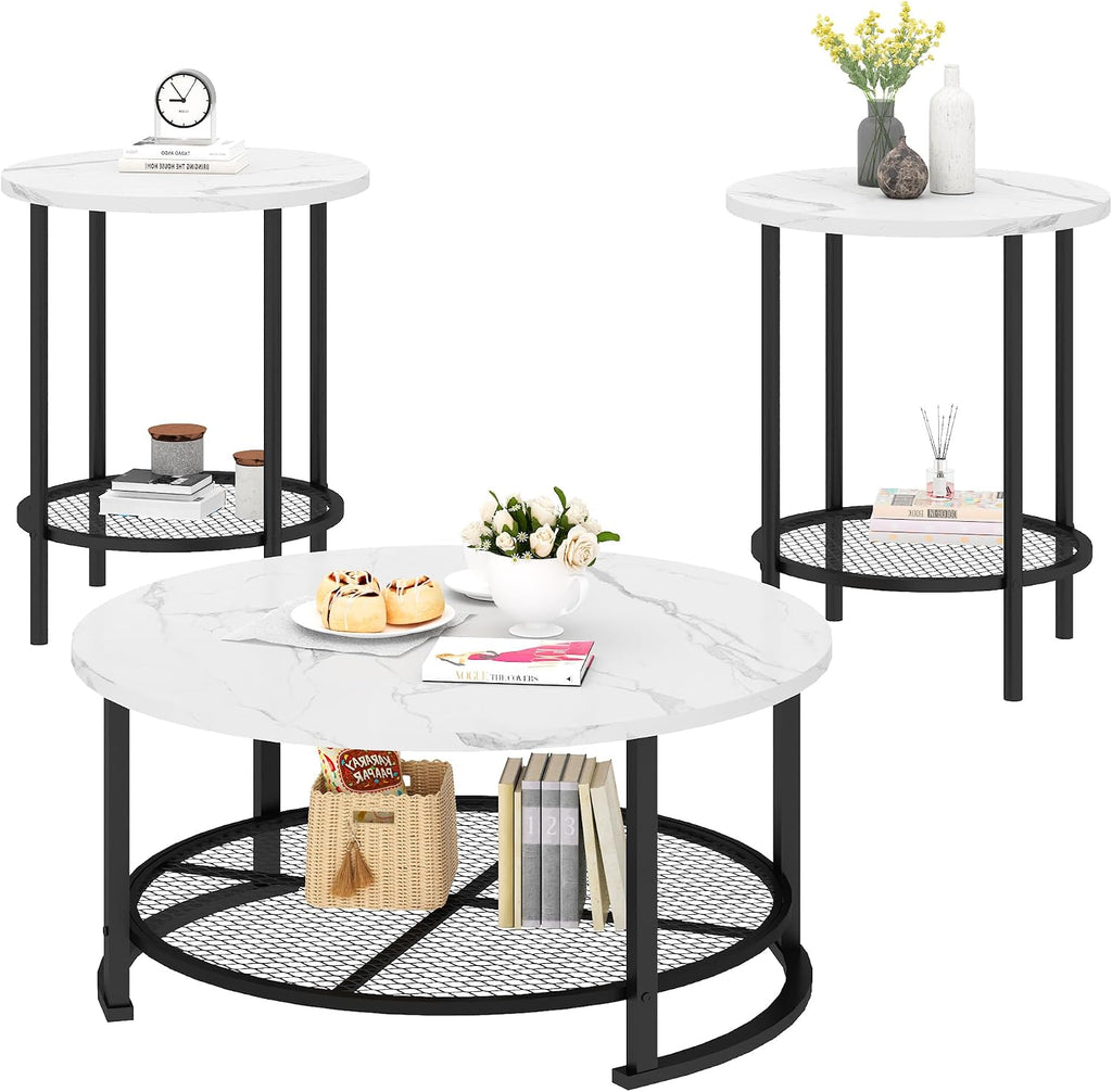 MOOSENG Coffee Table Set of 3, Industrial Vintage Wood Coffee Table with 2 Square End Side Tables, Easy Assembly Living Room Table Set for Offices, Living Rooms and Apartments