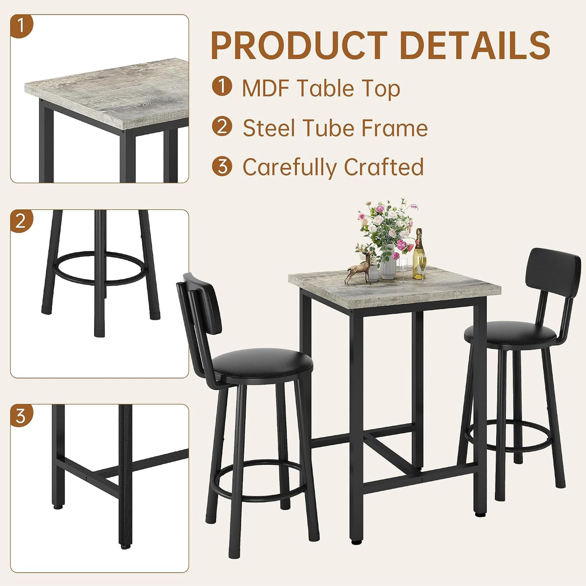 MOOSENG 3 Piece Counter Height Dining Table Set for 2, Bar Table Set of 2 Bistro Kitchen Table Sets with 2 PU Leather Bar Stools, Bar Table Set for Breakfast Nook Small Space