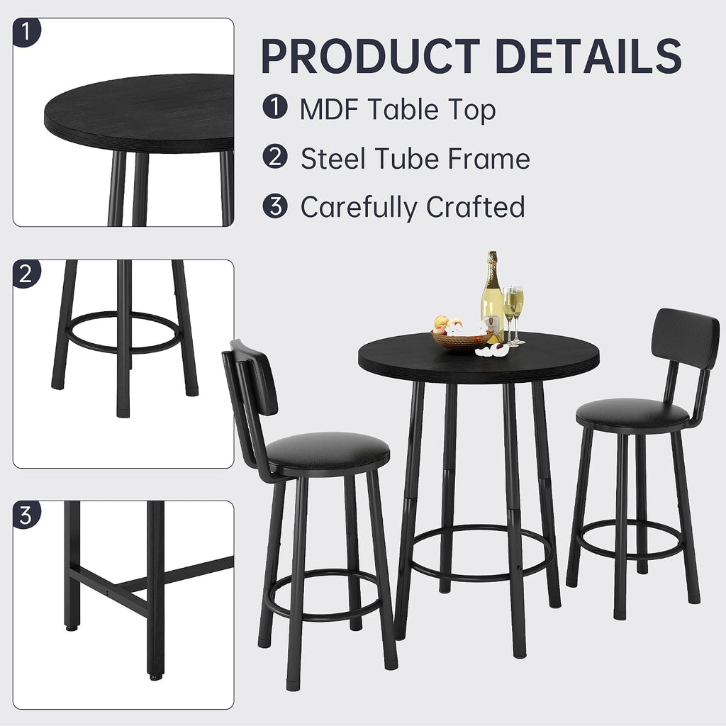MOOSENG 3 Piece Counter Height Dining Table Set for 2, Bar Table Set of 2 Bistro Kitchen Table Sets with 2 PU Leather Bar Stools, Bar Table Set for Breakfast Nook Small Space