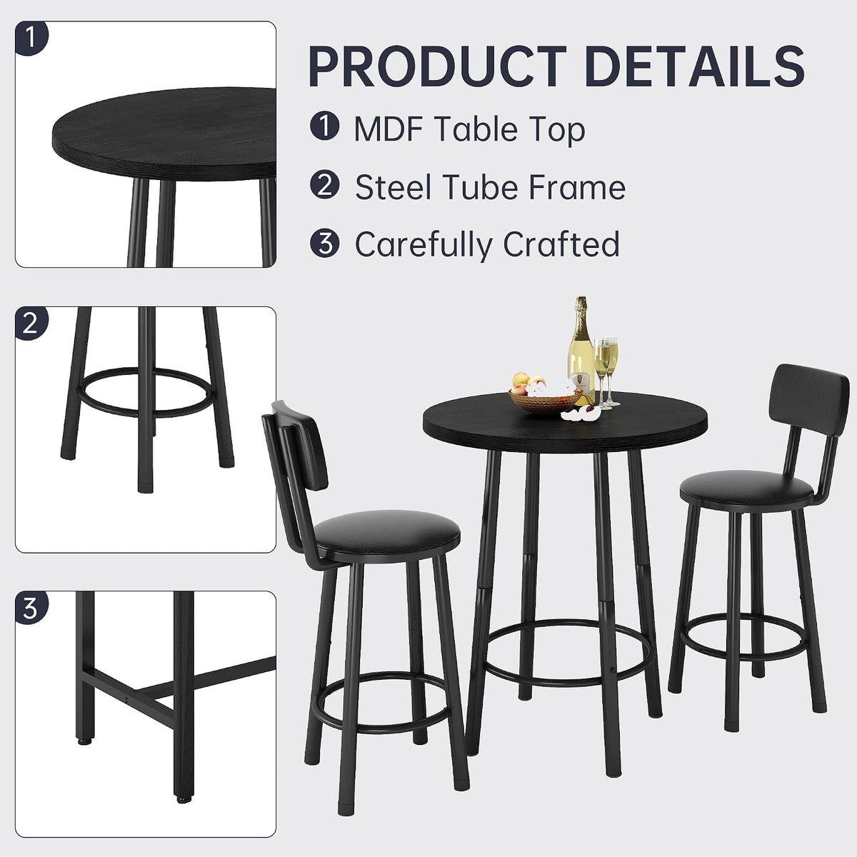 MOOSENG 3 Piece Counter Height Dining Table Set for 2, Bar Table Set of 2 Bistro Kitchen Table Sets with 2 PU Leather Bar Stools, Bar Table Set for Breakfast Nook Small Space