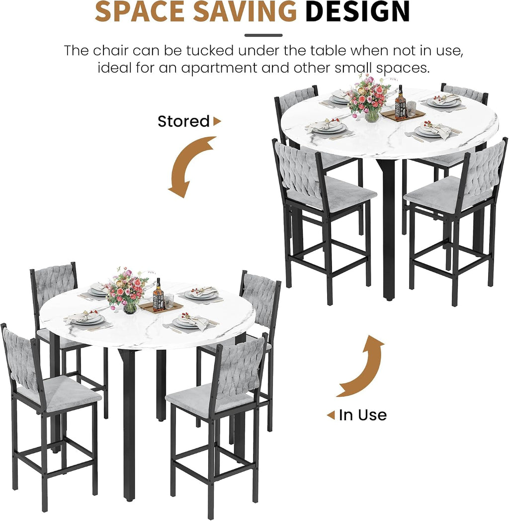 MOOSENG 5 Piece Round Dining Table Set for 4, Counter Height Dining Set with 4 Velvet Upholstered Chairs, Modern Kitchen Table Set, Round Dining Table & Chair for Small Spaces