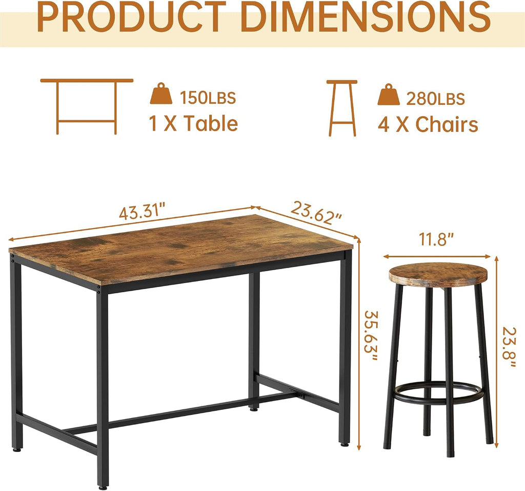Recaceik Bar Table and Chairs Set, Industrial Counter 35.62" Height Pub Table with 4 Chairs Bar Table Set, 5 Pieces Dining Table Set Home Kitchen Breakfast Table