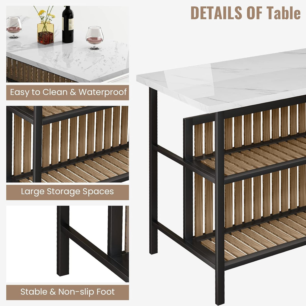 MOOSENG 3-Piece Kitchen Island Set with Storage, Wooden Bar Table and 2 Stools, Industrial Modern Counter Height Dining Table Sets for Small Spaces, Dining Room