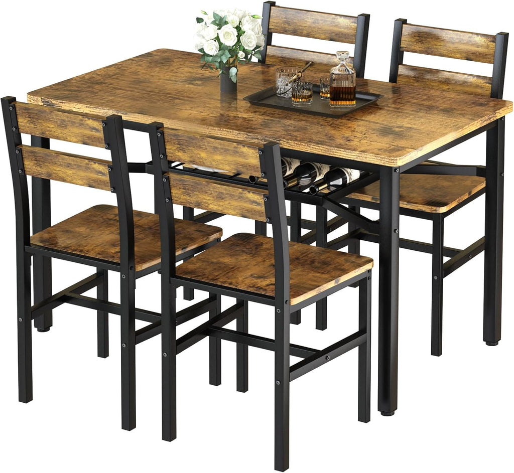MOOSENG 5-Piece Dining Table Set with Wine Rack, Wood Kitchen Table and Set of 4 Chairs, Space-Saving Farmhouse Dinette Set for Breakfast Nook, Apartment Brown