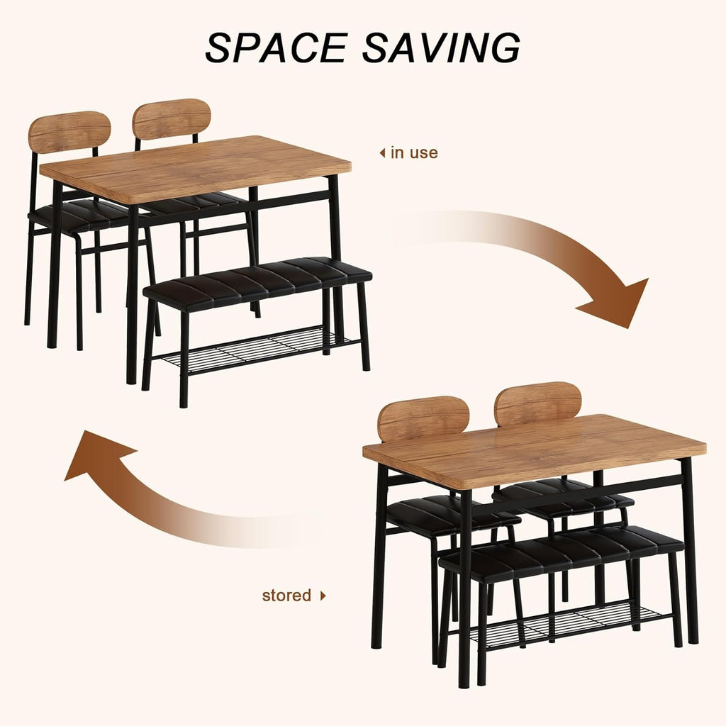 LinkRomat 4-Piece Dining Table Set with Bench & Chairs, Industrial Kitchen Table for 4, Metal Frame with Storage Rack, for Small Space, Apartment