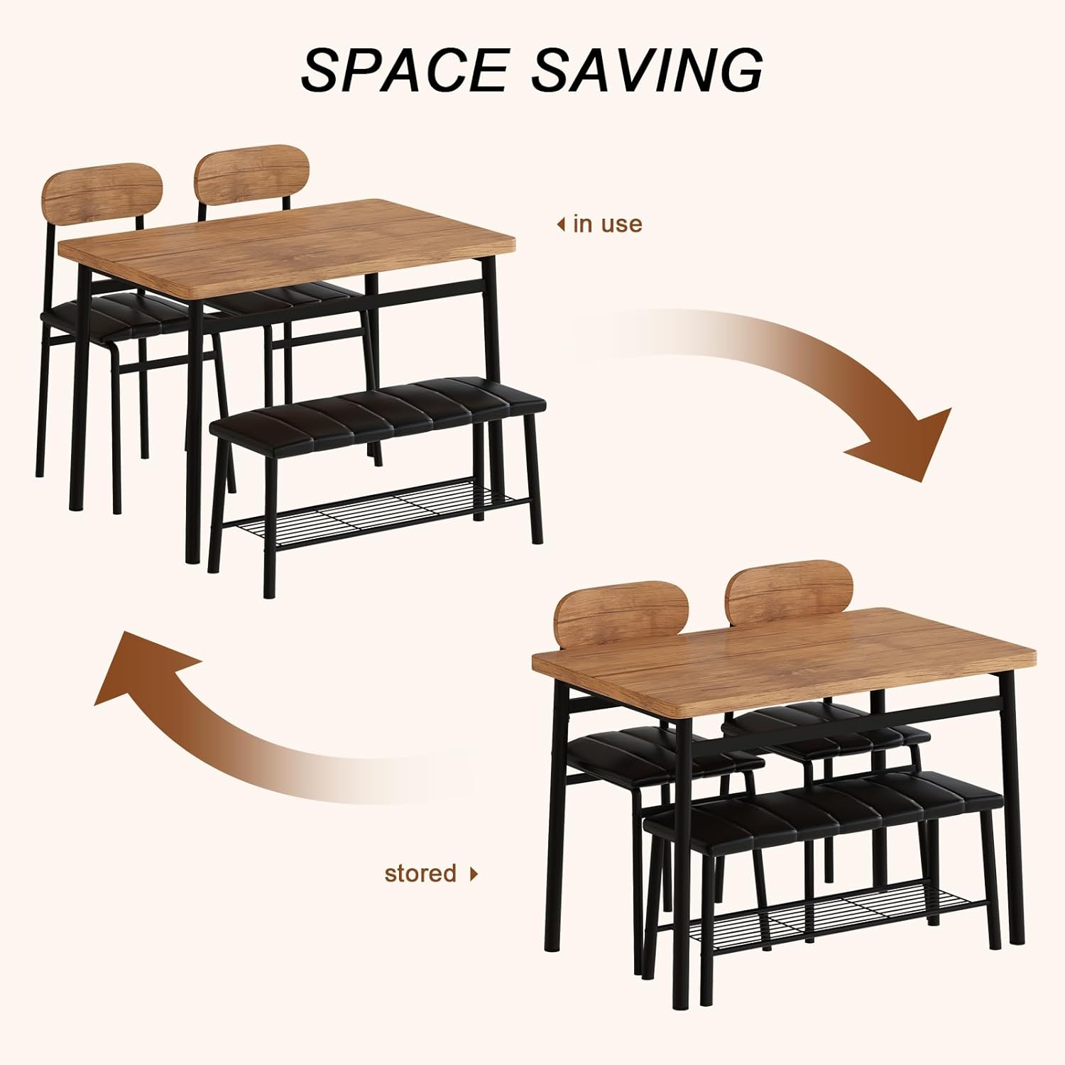 LinkRomat 4-Piece Dining Table Set with Bench & Chairs, Industrial Kitchen Table for 4, Metal Frame with Storage Rack, for Small Space, Apartment