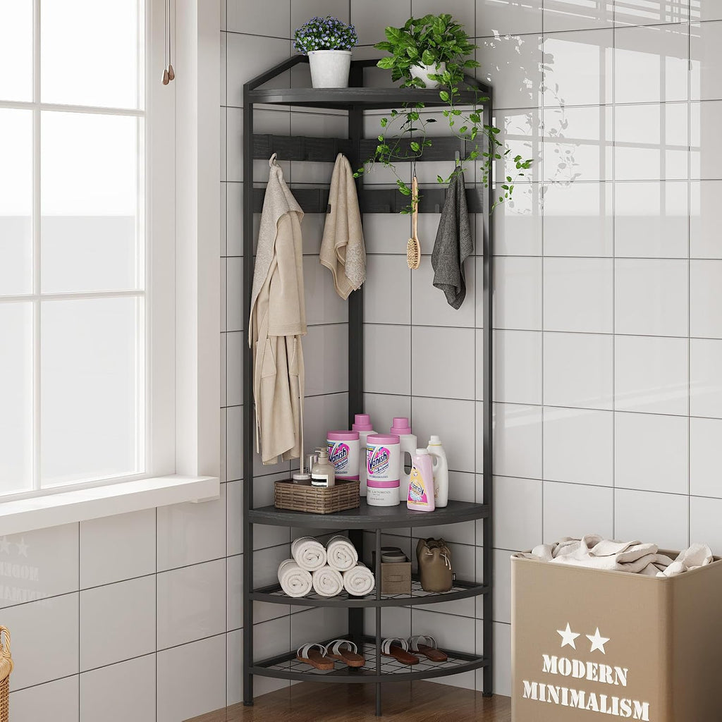 Cvortll 4-Tier Corner Coat Rack, Farmhouse Entryway Hall Tree with Shoe Storage and Hooks, Wood Corner Rack Clothes Shoe Shelf Organizer for Home