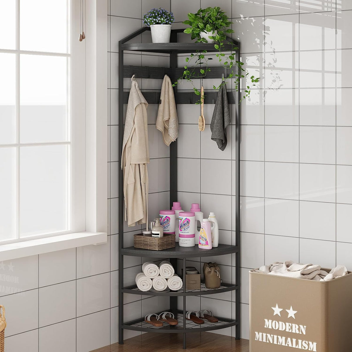 Cvortll 4-Tier Corner Coat Rack, Farmhouse Entryway Hall Tree with Shoe Storage and Hooks, Wood Corner Rack Clothes Shoe Shelf Organizer for Home