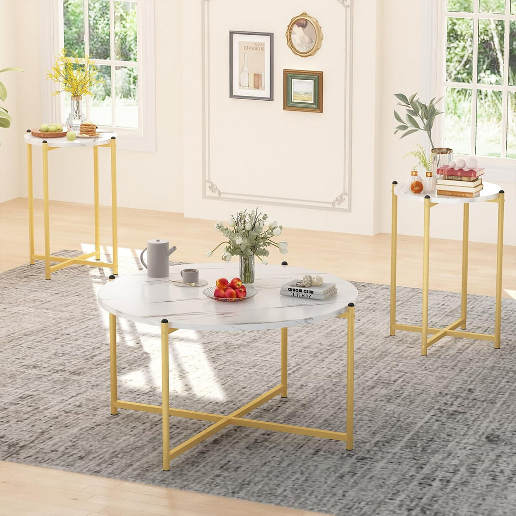 Cvortll Coffee Table Set of 3, Round Faux Marble Top with Cross Metal Frame, Modern Living Room Table for Apartment （White & Gold）
