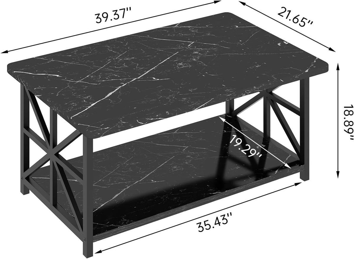 MOOSENG Coffee Table with Storage Shelf, 2-Tier Industrial Living Room Table Round Corners , Faux Marble Center Table with Metal Frame, Rustic Cocktail Table for Living Room