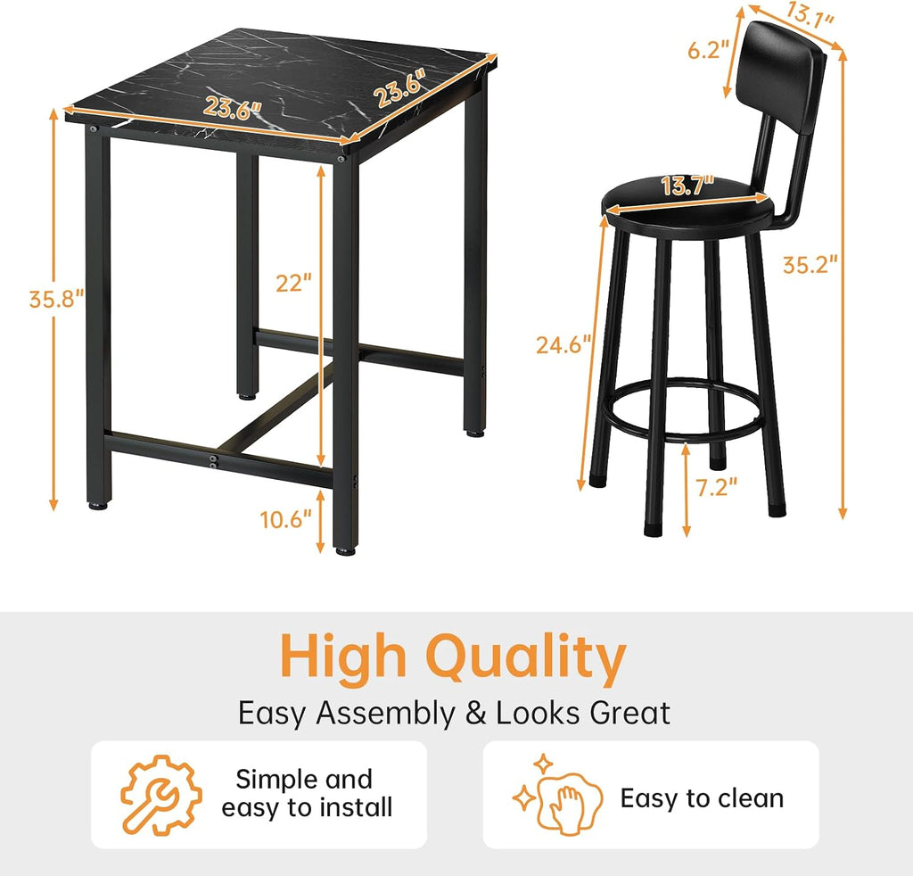 MOOSENG 3 Piece Counter Height Dining Table Set for 2, Bar Table Set of 2 Bistro Kitchen Table Sets with 2 PU Leather Bar Stools, Bar Table Set for Breakfast Nook Small Space
