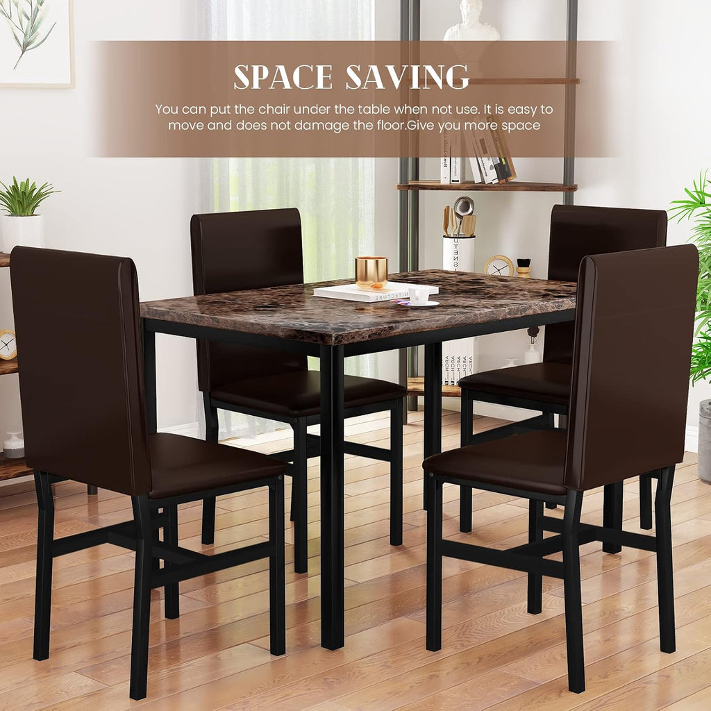Cvortll Dining Table Set for 4, Modern Faux Marble Kitchen Table Set with 4 Leather Upholstered Chairs, 5-Piece Dinette for Dining Room, Nooks