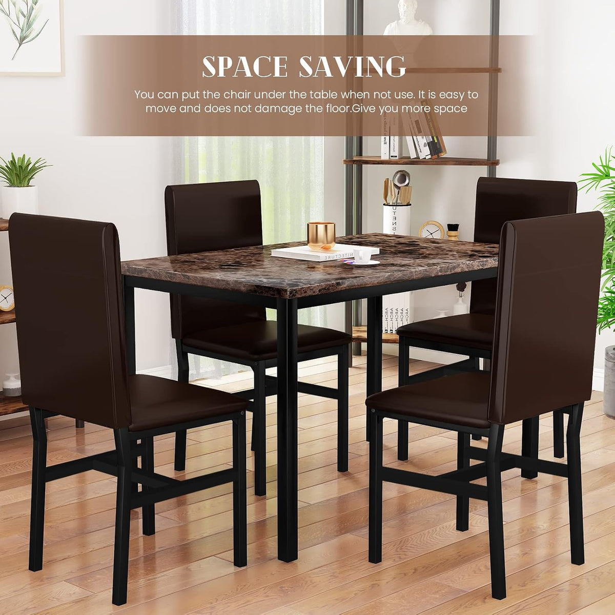 Cvortll Dining Table Set for 4, Modern Faux Marble Kitchen Table Set with 4 Leather Upholstered Chairs, 5-Piece Dinette for Dining Room, Nooks