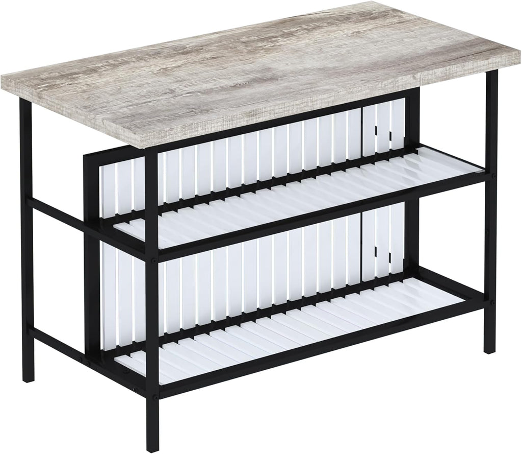 MOOSENG 3-Piece Kitchen Island Set with Storage, Wooden Bar Table and 2 Stools, Industrial Modern Counter Height Dining Table Sets for Small Spaces, Dining Room